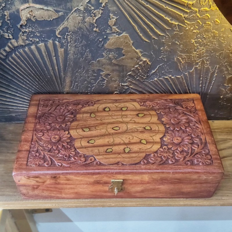 Wooden Carved Jewellery Trinket Box with Brass Inlay Design